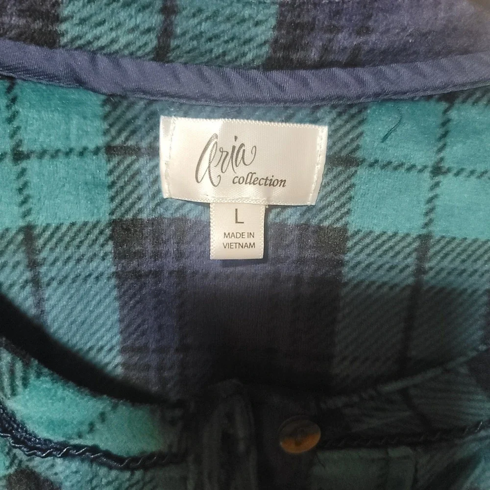 Aria Collection Women's Plaid Sleepshirt‎ Tunic L Blue Green Long Sleeve Button